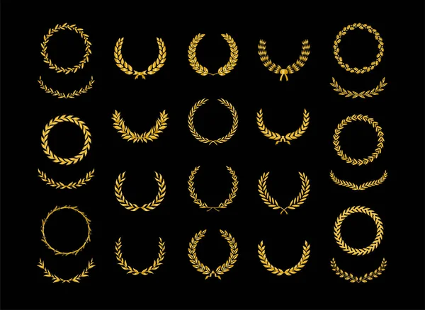 一套不同的金黄色月桂树叶 橡木和橄榄花环描绘了一个奖项 游戏的发展 矢量说明 — 图库矢量图片
