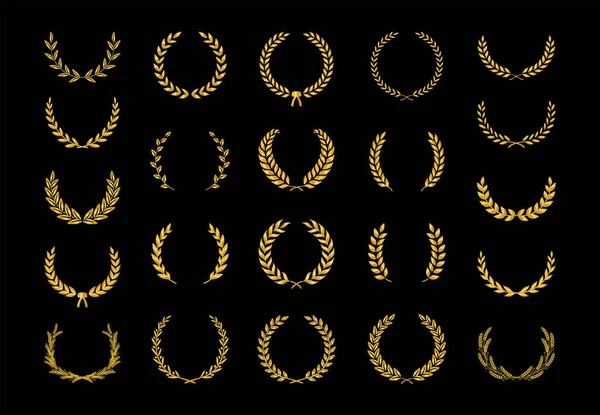 收集了不同的金黄色月桂树叶 小麦和橄榄花环 描绘了一个奖项 游戏的发展 矢量说明 — 图库矢量图片