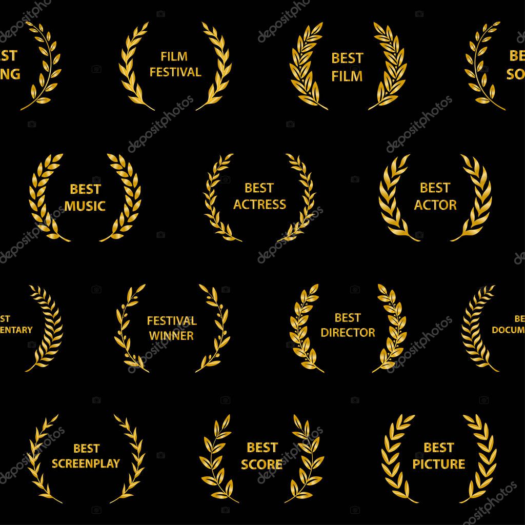 Gold film award wreaths. Seamless pattern. Vector illustration.