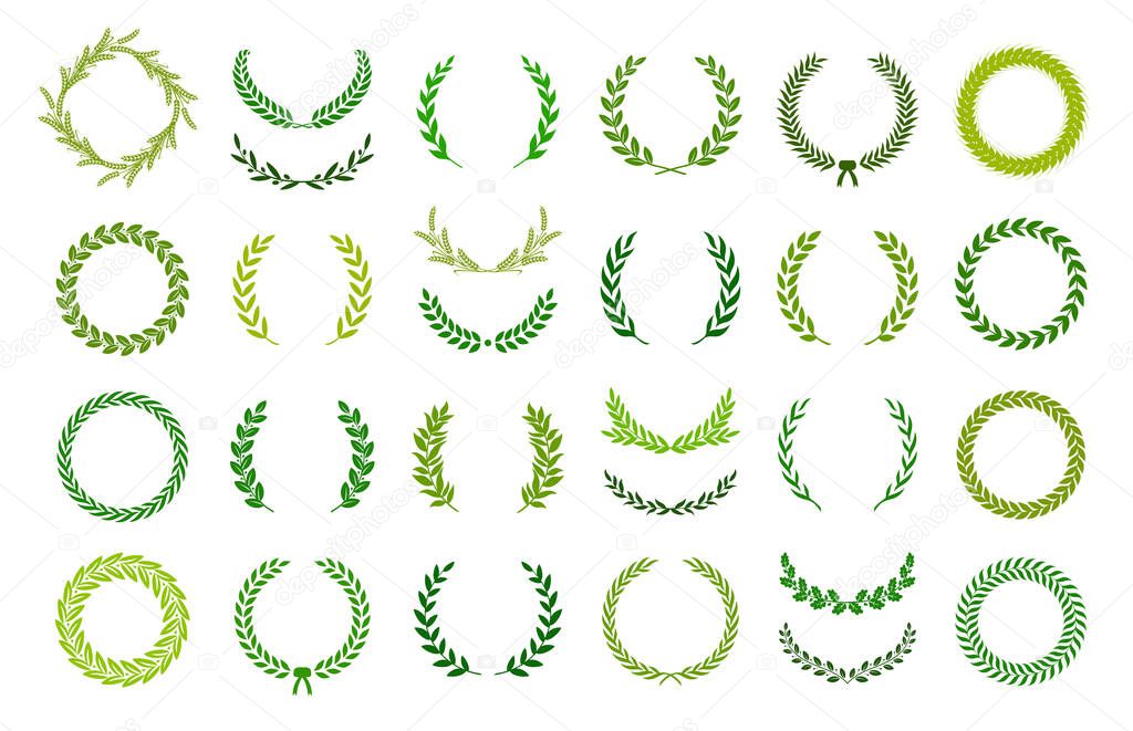 Set of green silhouette laurel foliate, wheat and olive wreaths depicting an award, achievement, heraldry, nobility, logo, emblem, decor. Vector illustration.