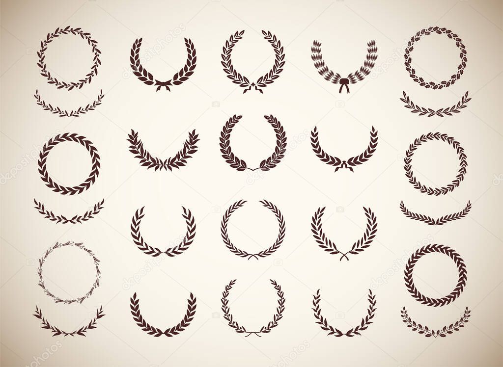 Set of different vintage silhouette circular laurel foliate, olive, oak and wheat wreaths depicting an award, achievement, heraldry, nobility. Vector illustration.
