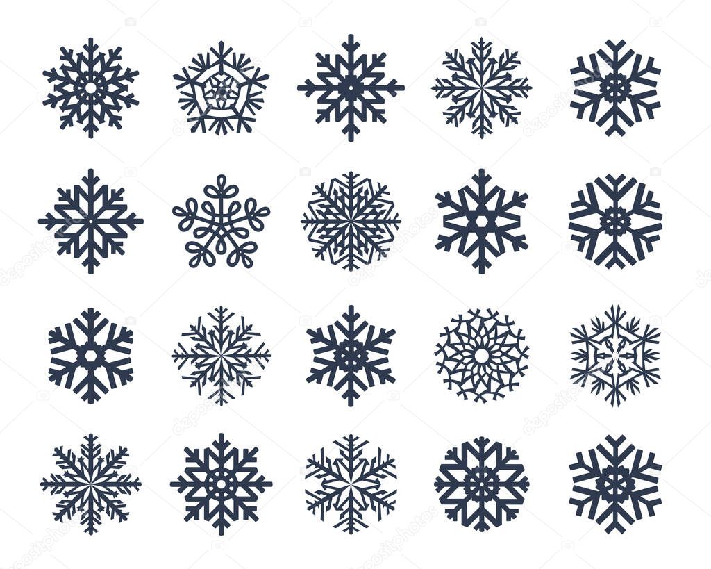 Snowflakes vector collection isolated on white background. Snow icons silhouette, winter, New year and Christmas decoration elements.