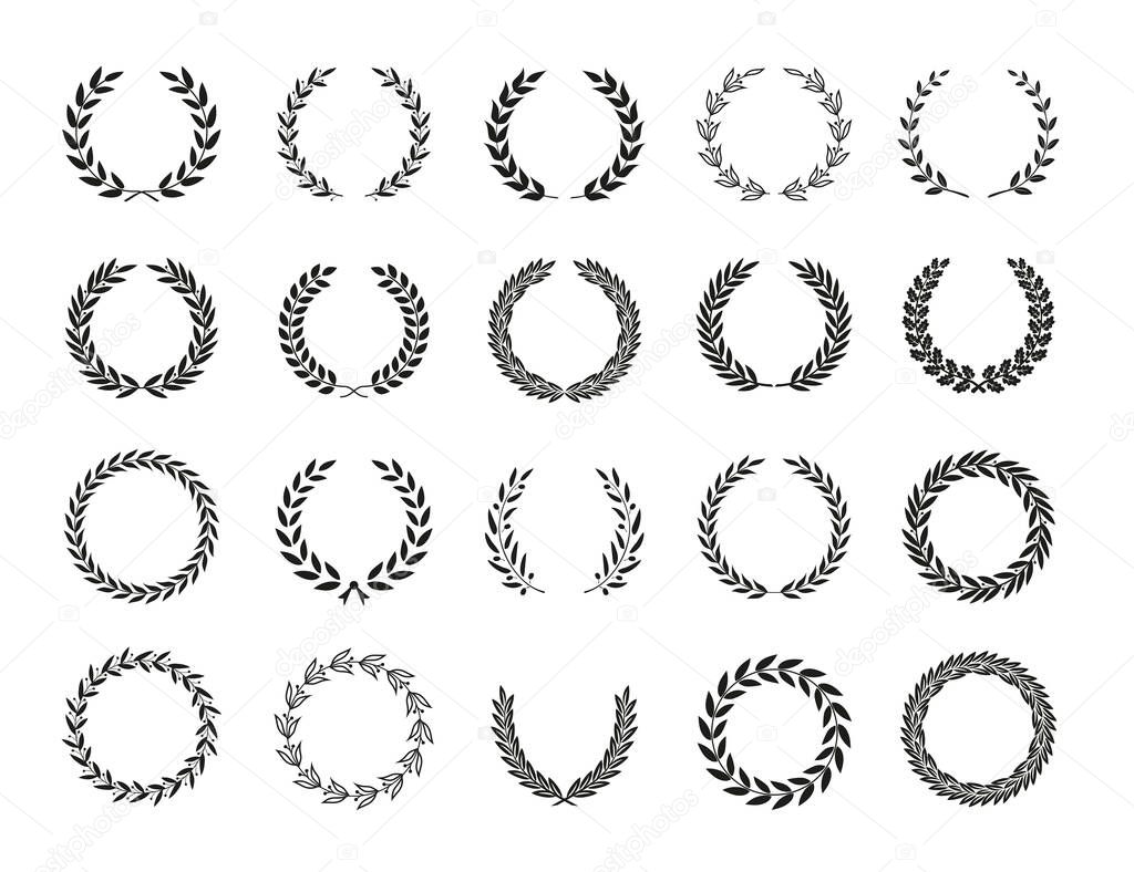 Set of different black and white silhouette circular laurel foliate, wheat and olive wreaths depicting an award, achievement, heraldry, nobility, emblem. Vector illustration.