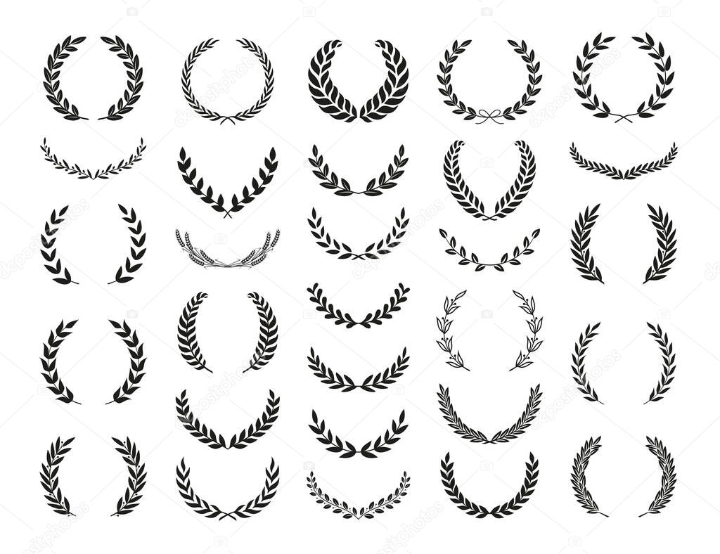 Set of different black and white silhouette circular laurel foliate, wheat and olive wreaths depicting an award, achievement, heraldry, nobility, emblem, logo. Vector illustration.