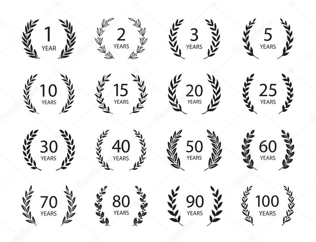 Set of anniversary laurel wreaths. Black and white anniversary symbols isolated on black background. 1,2,3,5,10,15,20,25,30,40,50,60,70,80,90,100 years. Template for award and congratulation design.