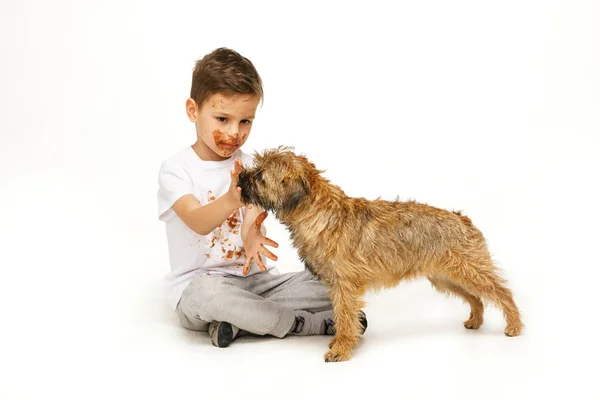 Niño en chocolate con su perro —  Fotos de Stock