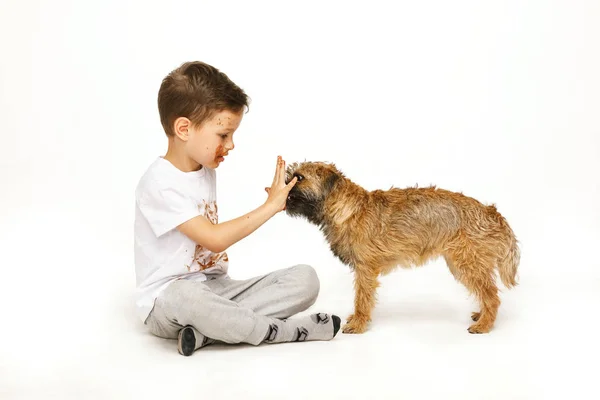 Menino em chocolate com seu cão — Fotografia de Stock