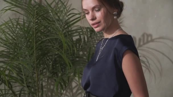 Schöne junge Mädchen in einem Business-Anzug. posiert für ein Fotoshooting — Stockvideo