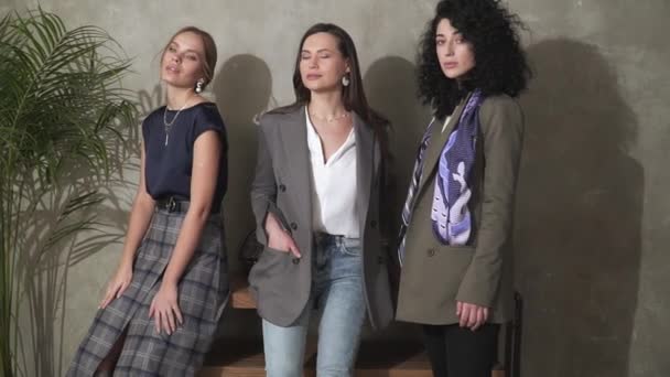 Tre vackra unga flickor i Business Suits. Business Style. — Stockvideo