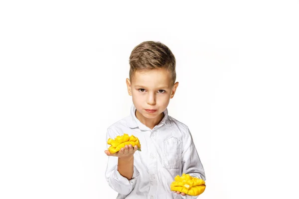 Schöner Junge in weißem Hemd mit Mango — Stockfoto