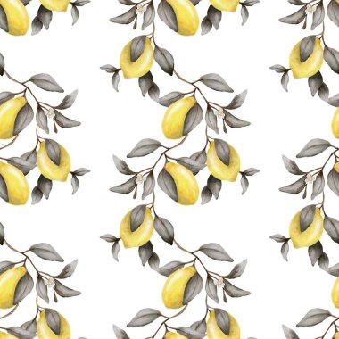 Kusursuz bir suluboya deseninde beyaz arka planda sarı limon ve yeşil yapraklar bulunur..