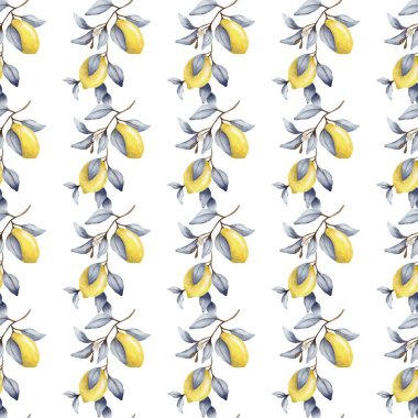 Beyaz arka planda sarı limonlu ve yeşil yapraklı canlı bir desen, kumaş için mükemmel..