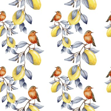 Serinletici, pürüzsüz desen limon dallarına yapraklarla tünemiş turuncu kuşları gösteriyor..