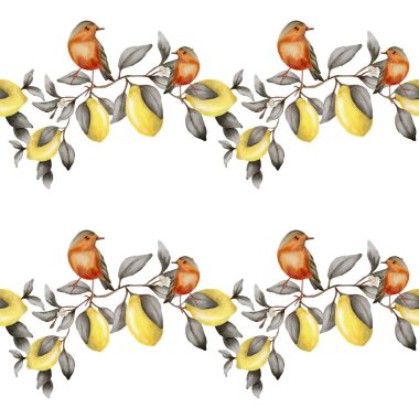 Limon dallarındaki kuşların canlı suluboya desenleri, kumaş veya duvar kağıdı için ideal..