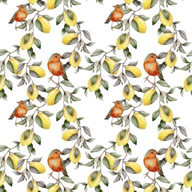 Dekoratif desen beyaz bir arka planda limon dalları arasında tünemiş canlı kuşları içerir..