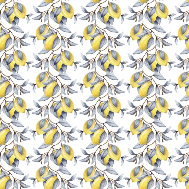Beyaz tekstil arka planında sarı limon ve yeşil yapraklardan oluşan canlı suluboya desenler..