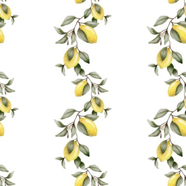 Parlak sarı limon dalları beyaz üzerine yeni bir desen oluşturuyor, kumaş için ideal..