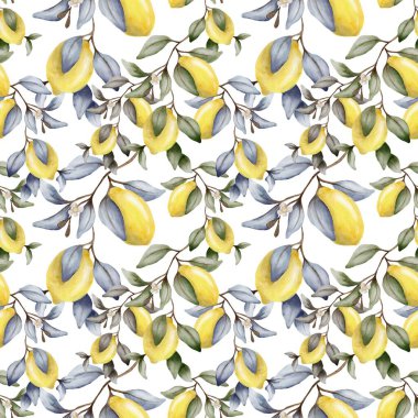 Bu tasarım parlak limonlardan ve beyaz arka planda narin yapraklardan oluşan kusursuz bir desen içerir..