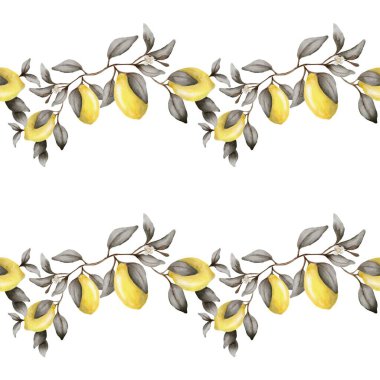 Bu tasarım limon dalları ve yapraklardan oluşan kusursuz bir suluboya deseni sergiliyor, kumaş için ideal..