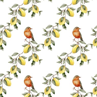 Bu desen limon dallarına tünemiş büyüleyici kuşları içeriyor, tekstil tasarımı için mükemmel..