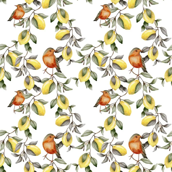 Dekoratif desen beyaz bir arka planda limon dalları arasında tünemiş canlı kuşları içerir..