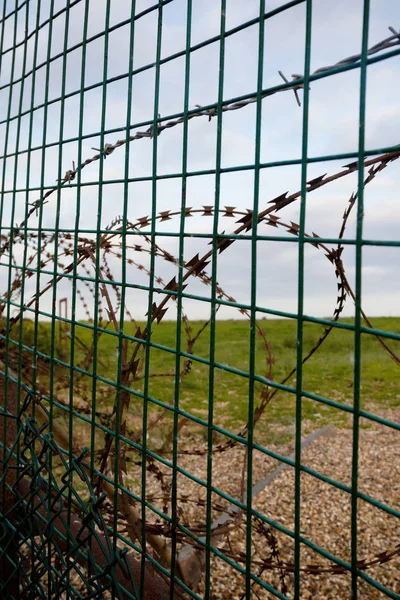 Razor wire fence on the edge of an army firing range