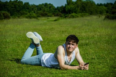 Dışarıda çimenlerin üzerinde sıcak bir yaz gününde ise döşeme bir cep telefonu kullanarak bir yonug yetişkin erkek