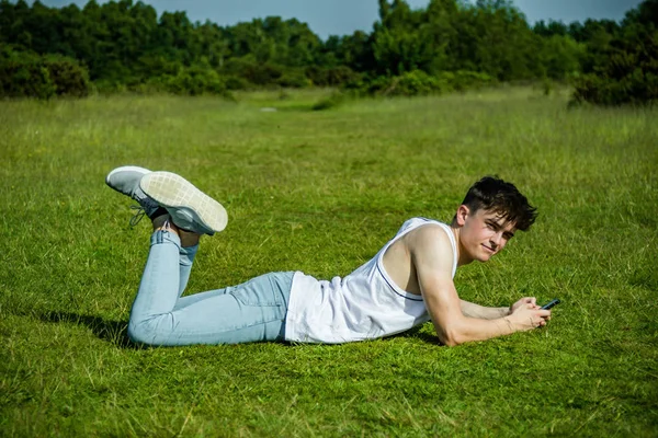 Dışarıda çimenlerin üzerinde sıcak bir yaz gününde ise döşeme bir cep telefonu kullanarak bir yonug yetişkin erkek