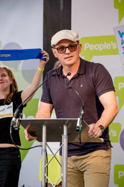 Londra, İngiltere, 23 Haziran 2018:-eylemciler konuşmak, Merkezi Londra'da bir halk oy AB üzerinden İngiltere'nin Çıkışta son anlaşma üzerinde bir oy talep için Mart