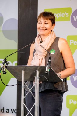 Londra, İngiltere, 23 Haziran 2018:-Caroline Lucas, yeşil parti Mp konuşuyor, İngiltere'de Brexit anlaşma bir halk oy için Mart