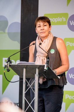 Londra, İngiltere, 23 Haziran 2018:-Caroline Lucas, yeşil parti Mp konuşuyor, İngiltere'de Brexit anlaşma bir halk oy için Mart