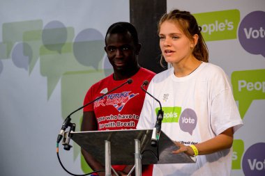 Londra, İngiltere, 23 Haziran 2018:-eylemciler konuşmak, Merkezi Londra'da bir halk oy AB üzerinden İngiltere'nin Çıkışta son anlaşma üzerinde bir oy talep için Mart