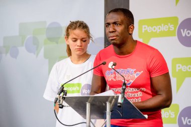 Londra, İngiltere, 23 Haziran 2018:-eylemciler konuşmak, Merkezi Londra'da bir halk oy AB üzerinden İngiltere'nin Çıkışta son anlaşma üzerinde bir oy talep için Mart