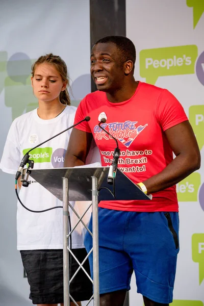 Londra, İngiltere, 23 Haziran 2018:-eylemciler konuşmak, Merkezi Londra'da bir halk oy AB üzerinden İngiltere'nin Çıkışta son anlaşma üzerinde bir oy talep için Mart