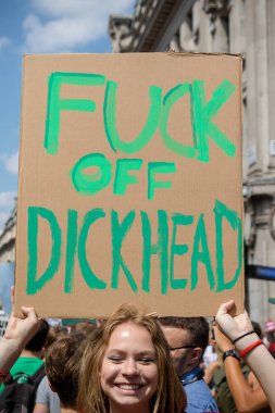 London, Büyük Britanya, 13 Temmuz 2018:Placards Londra'nın merkezinde yürüyen Donald Trump protestocular anti yapılır