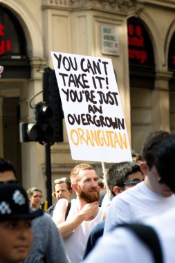 London, Büyük Britanya, 13 Temmuz 2018:Placards Londra'nın merkezinde yürüyen Donald Trump protestocular anti yapılır