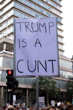 London, Büyük Britanya, 13 Temmuz 2018:Placards Londra'nın merkezinde yürüyen Donald Trump protestocular anti yapılır