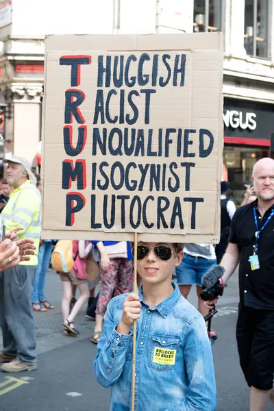 Londres Reino Unido Julho 2018 Placas Levadas Por Manifestantes Donald — Fotografia de Stock