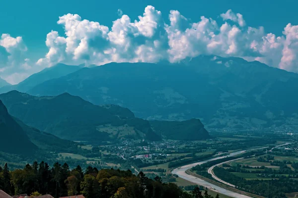Gränsen Mellan Liechtenstein Och Schweiz Sett Från Triesenberg Floden Rhen — Stockfoto