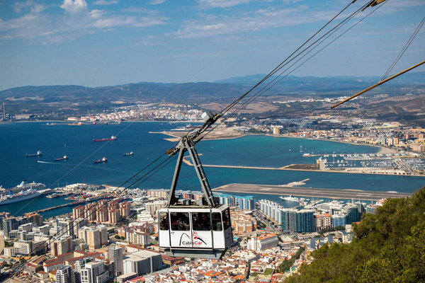 Gibraltar, United Kingdom, 1st October 2018:- The Gibraltar Cable car, carries visitors to the summit of the Rock from the town below. Gibraltar is a British Overseas Territory located on the southern tip of Spain.