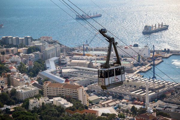 Gibraltar, United Kingdom, 1st October 2018:- The Gibraltar Cable car, carries visitors to the summit of the Rock from the town below. Gibraltar is a British Overseas Territory located on the southern tip of Spain.