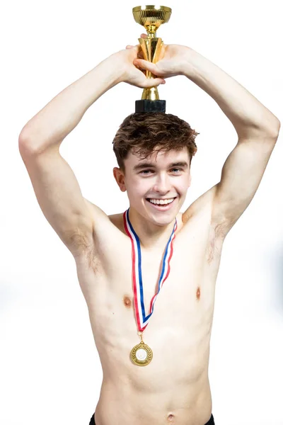 Succesvolle Kaukasische Jonge Volwassen Zwemmer Die Geïsoleerd Een Witte Achtergrond — Stockfoto