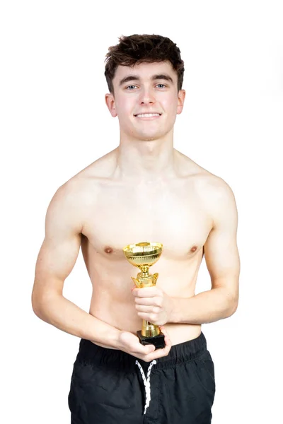 Successful Caucasian Young Adult Swimmer Isolated White Background Award — Stock Photo, Image