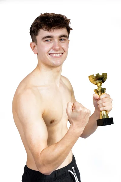 Successful Caucasian Young Adult Swimmer Isolated White Background Award — Stock Photo, Image