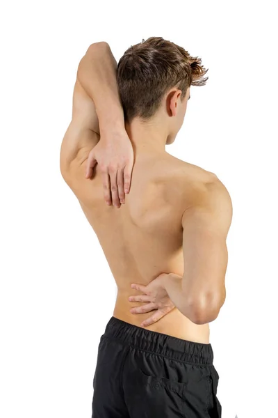 Fit Shirtless Caucasian Young Adult Back Pain — Stock Photo, Image