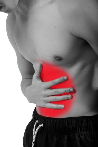 Fit Shirtless Caucasian Young Adult Stomach Pain — Stock Photo, Image