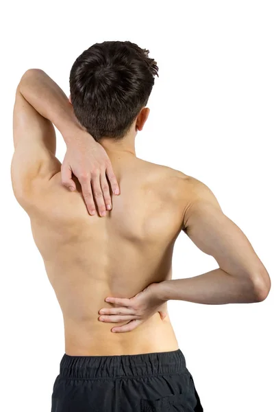 Fit Hemdlos Kaukasischen Jungen Erwachsenen Mit Rückenschmerzen — Stockfoto