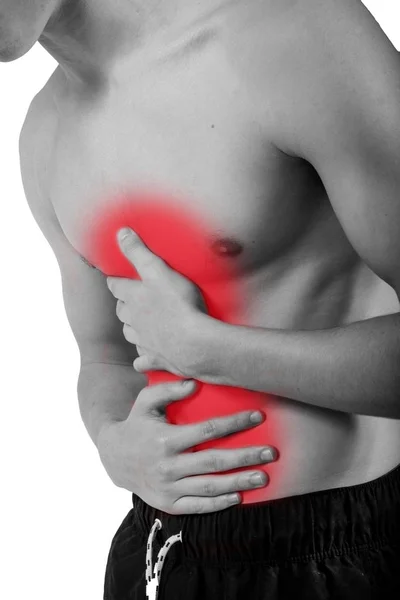 Fit Shirtless Caucasian Young Adult Stomach Pain — Stock Photo, Image