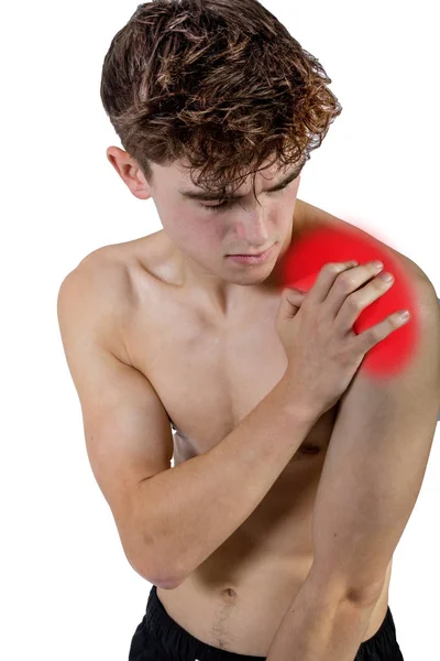 Fit Shirtless Καυκάσιος Νεαρός Ενήλικας Πόνο Στον Ώμο — Φωτογραφία Αρχείου