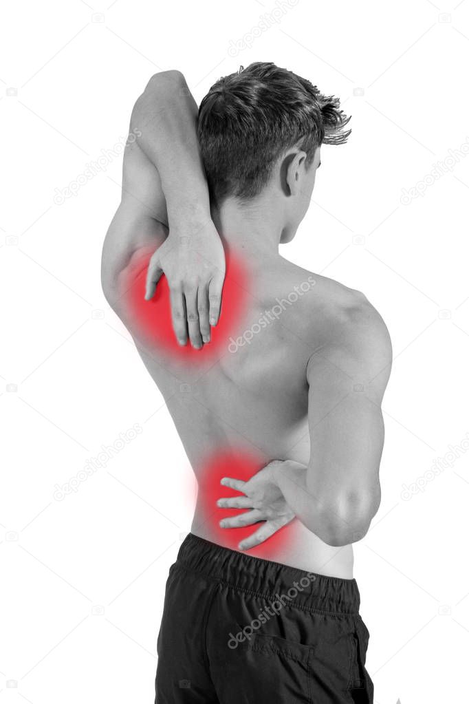 Fit shirtless caucasian young adult with back pain